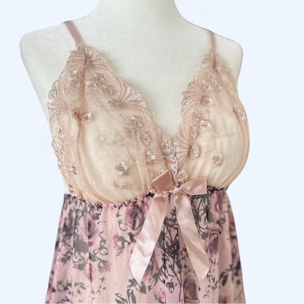 Pink Embroidered Mesh Slip Dress Coquette Fairycore Lingerie Bow Small